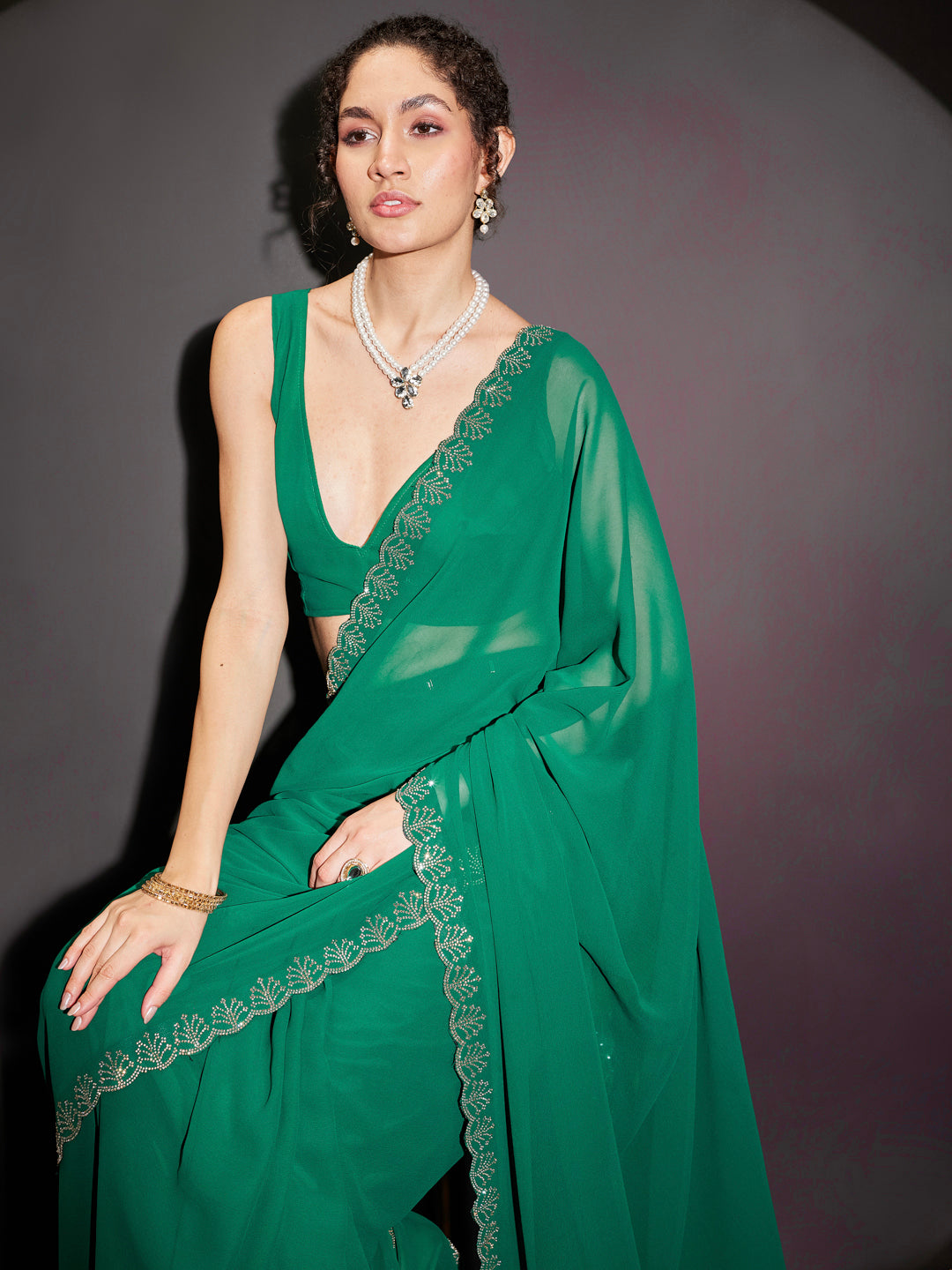 Janasya Women's Green Georgette One-Minute Ready-to-Wear Embellished Saree with Unstitched Blouse