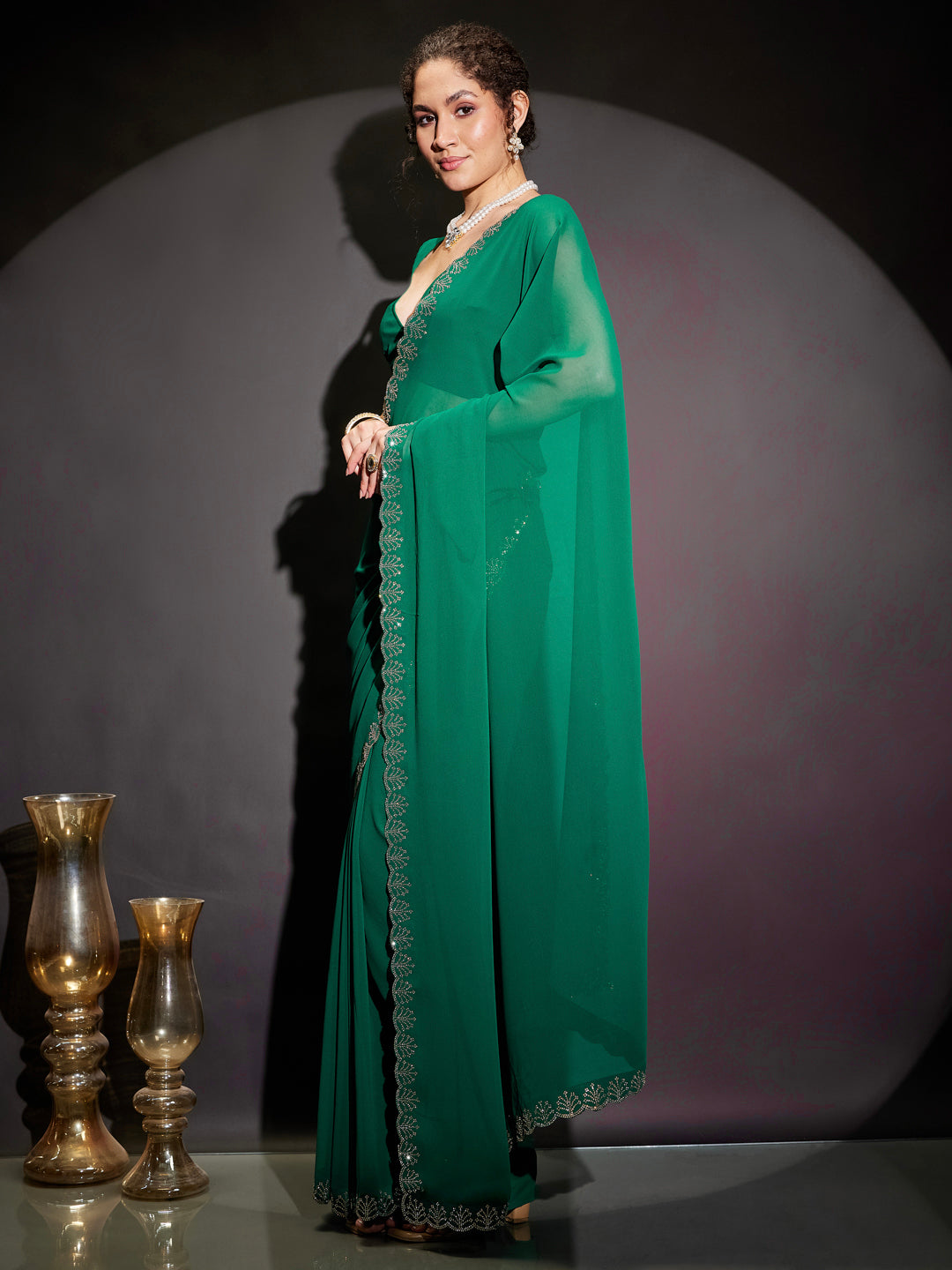 Janasya Women's Green Georgette One-Minute Ready-to-Wear Embellished Saree with Unstitched Blouse