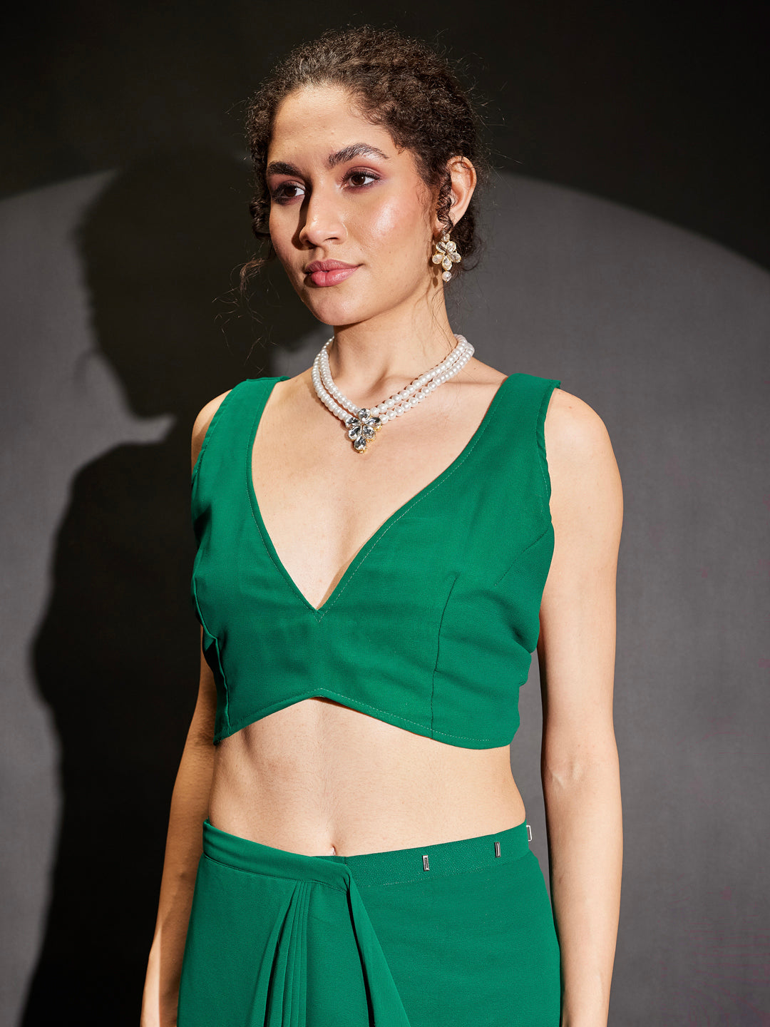 Janasya Women's Green Georgette One-Minute Ready-to-Wear Embellished Saree with Unstitched Blouse