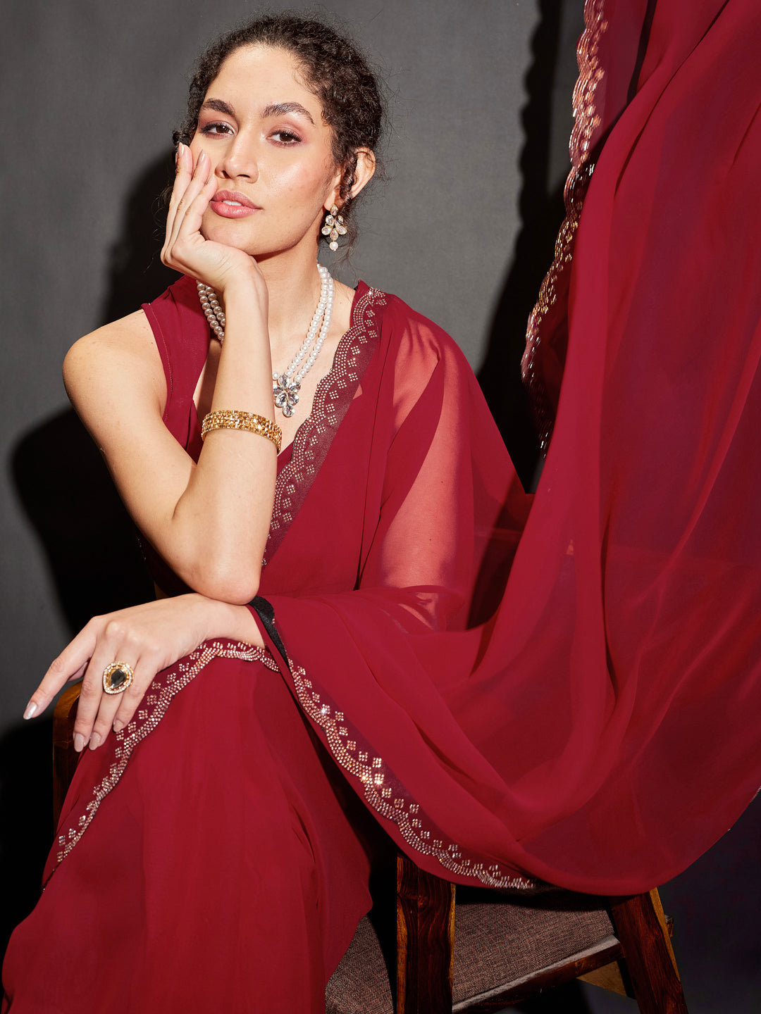 Janasya Women's Red Georgette One-Minute Ready-to-Wear Embellished Saree with Unstitched Blouse