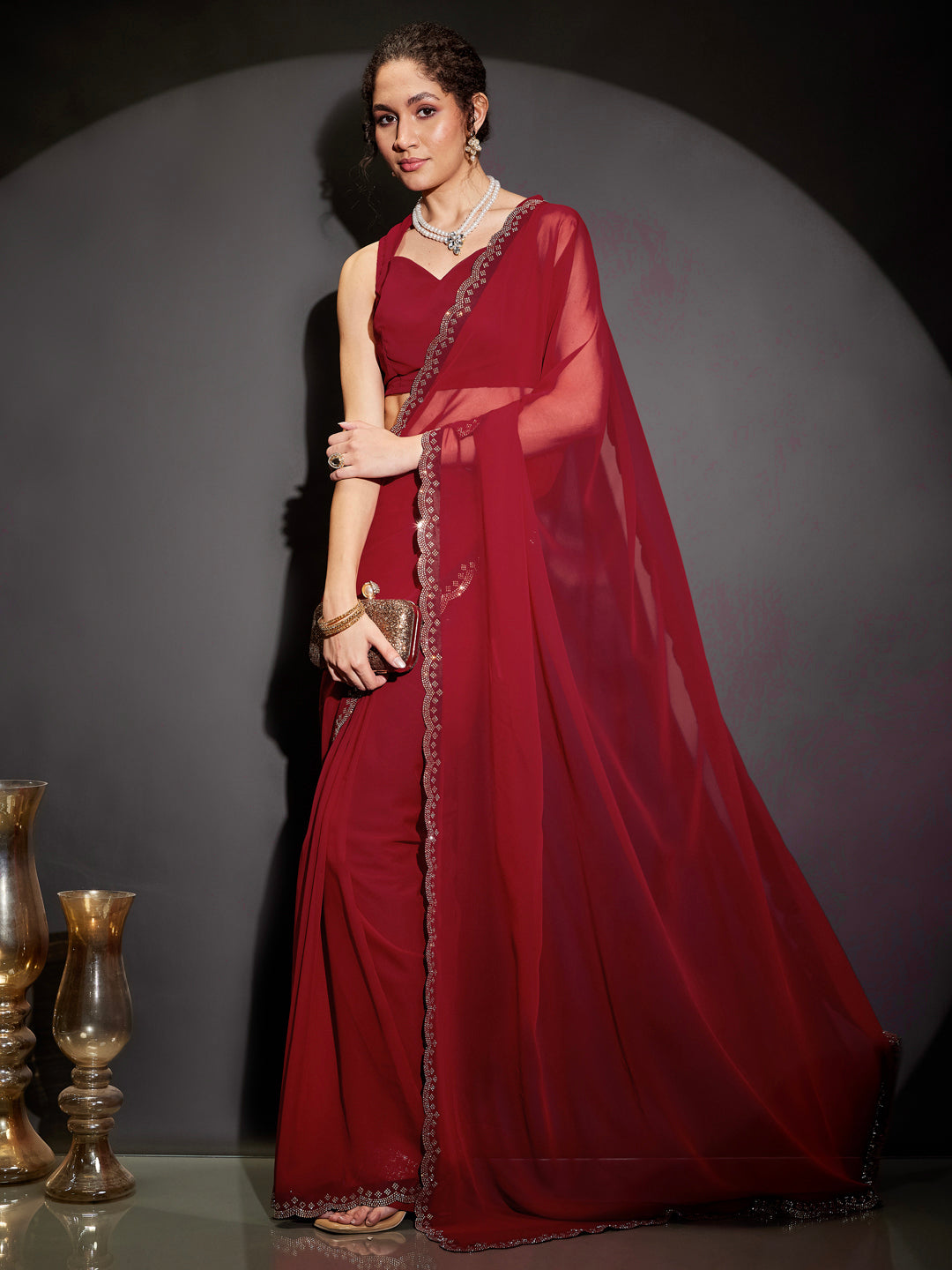 Janasya Women's Red Georgette One-Minute Ready-to-Wear Embellished Saree with Unstitched Blouse