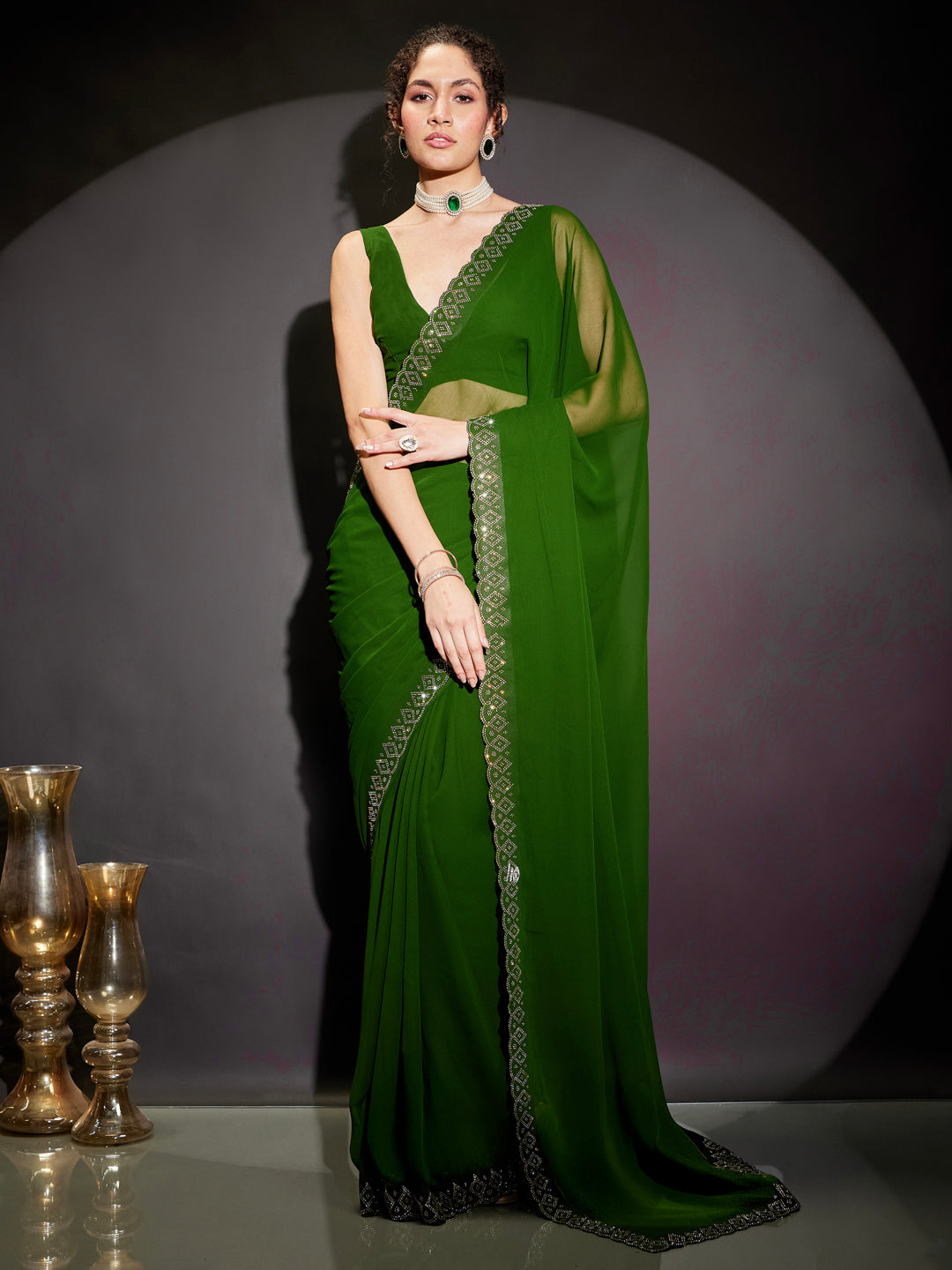 Janasya Women's Dark Green Georgette One-Minute Ready-to-Wear Embellished Saree with Unstitched Blouse