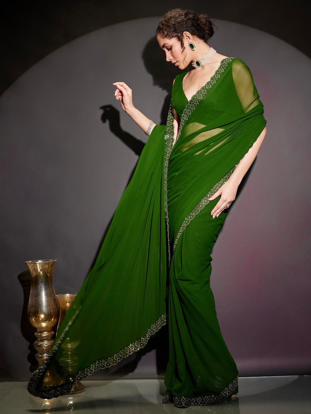Janasya Women's Dark Green Georgette One-Minute Ready-to-Wear Embellished Saree with Unstitched Blouse