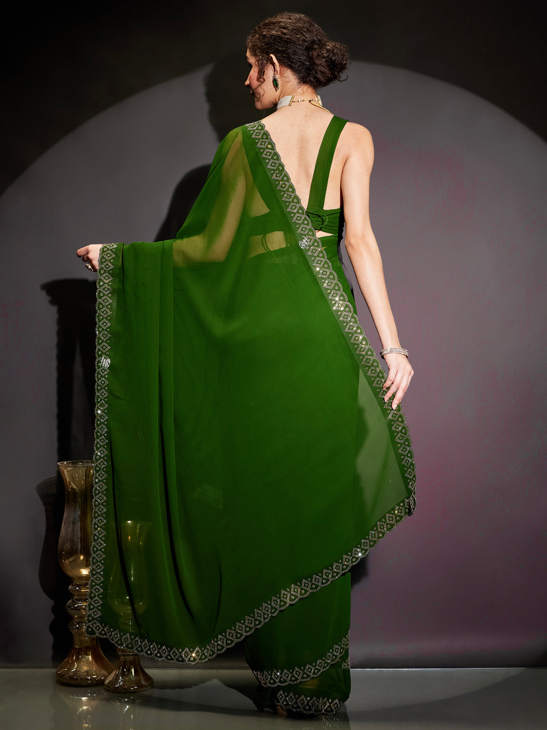 Janasya Women's Dark Green Georgette Ready To Wear Embellished Saree with Unstitched Blouse