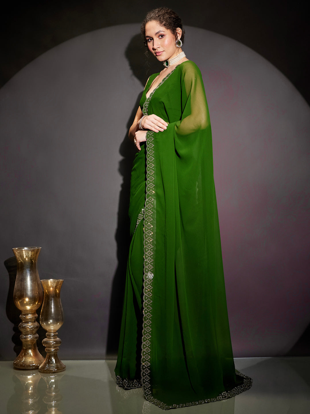 Janasya Women's Dark Green Georgette Ready To Wear Embellished Saree with Unstitched Blouse