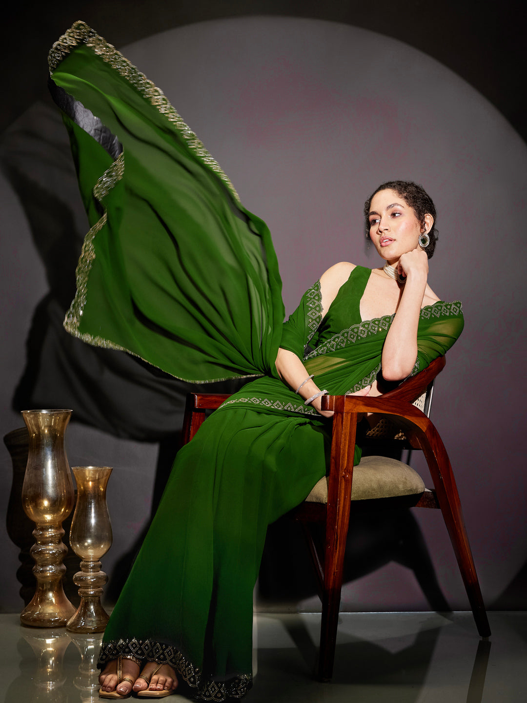 Janasya Women's Dark Green Georgette One-Minute Ready-to-Wear Embellished Saree with Unstitched Blouse