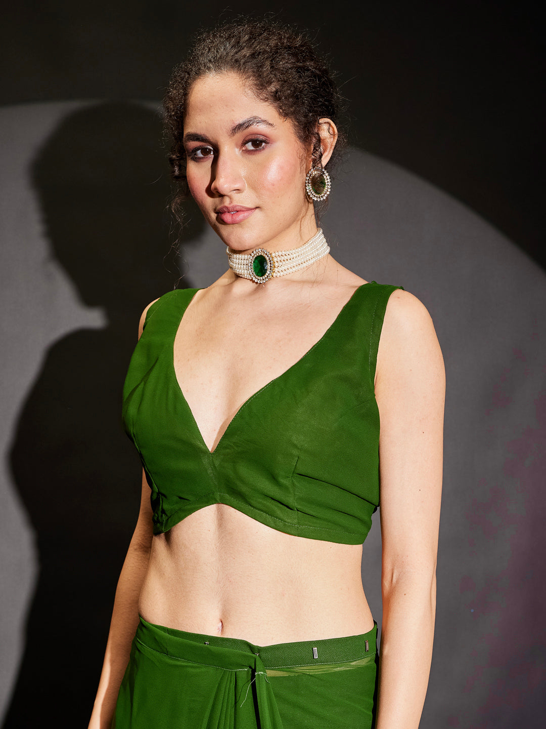 Janasya Women's Dark Green Georgette Ready To Wear Embellished Saree with Unstitched Blouse