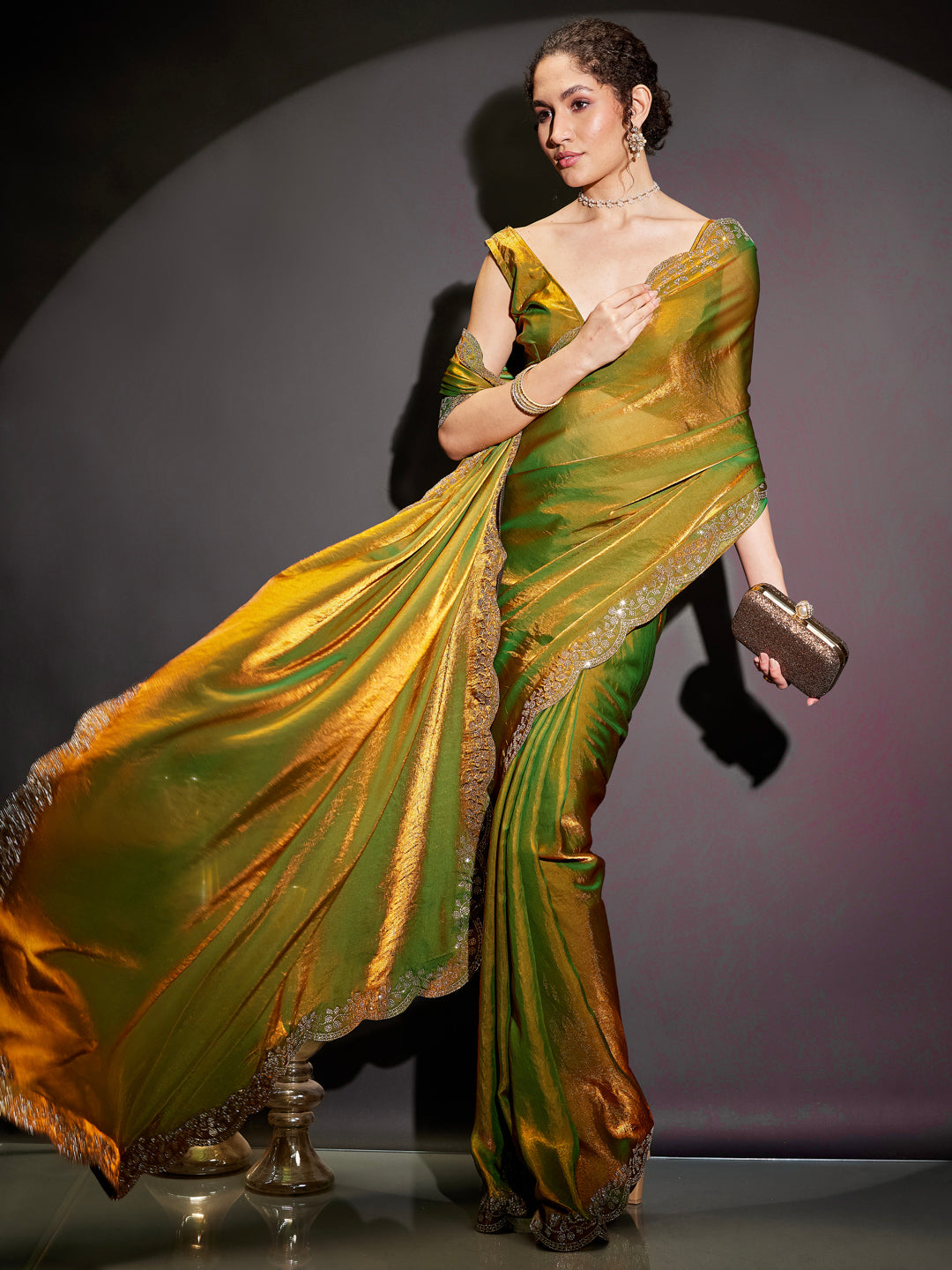 Janasya Women's Green & Gold Tissue Silk Ready To Wear Embellished Saree with Unstitched Blouse