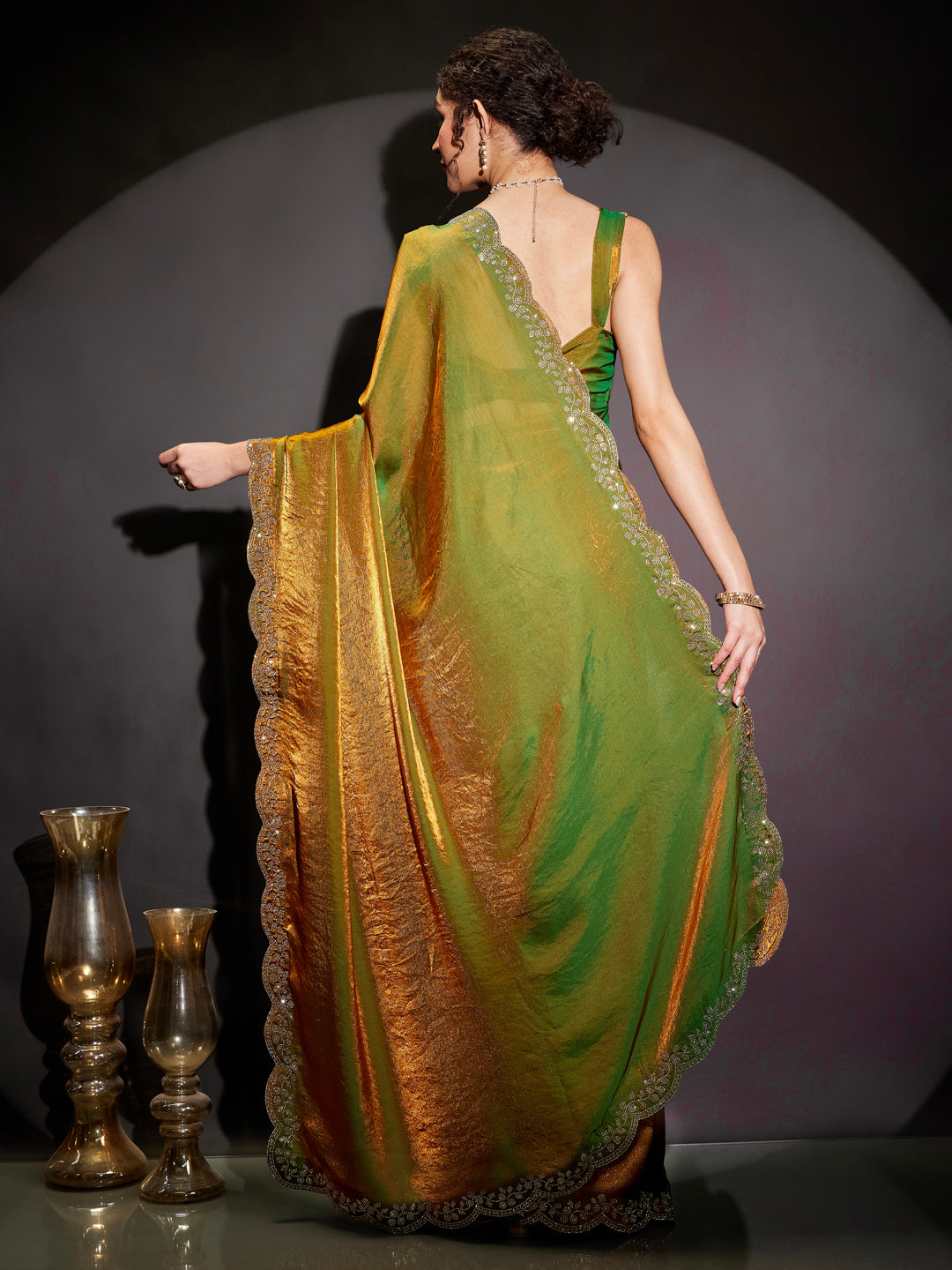 Janasya Women's Green & Gold Tissue Silk Ready To Wear Embellished Saree with Unstitched Blouse
