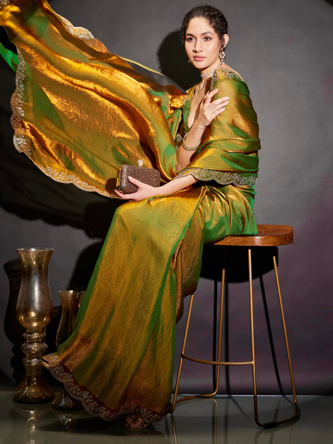 Janasya Women's Green & Gold Tissue Silk Ready To Wear Embellished Saree with Unstitched Blouse