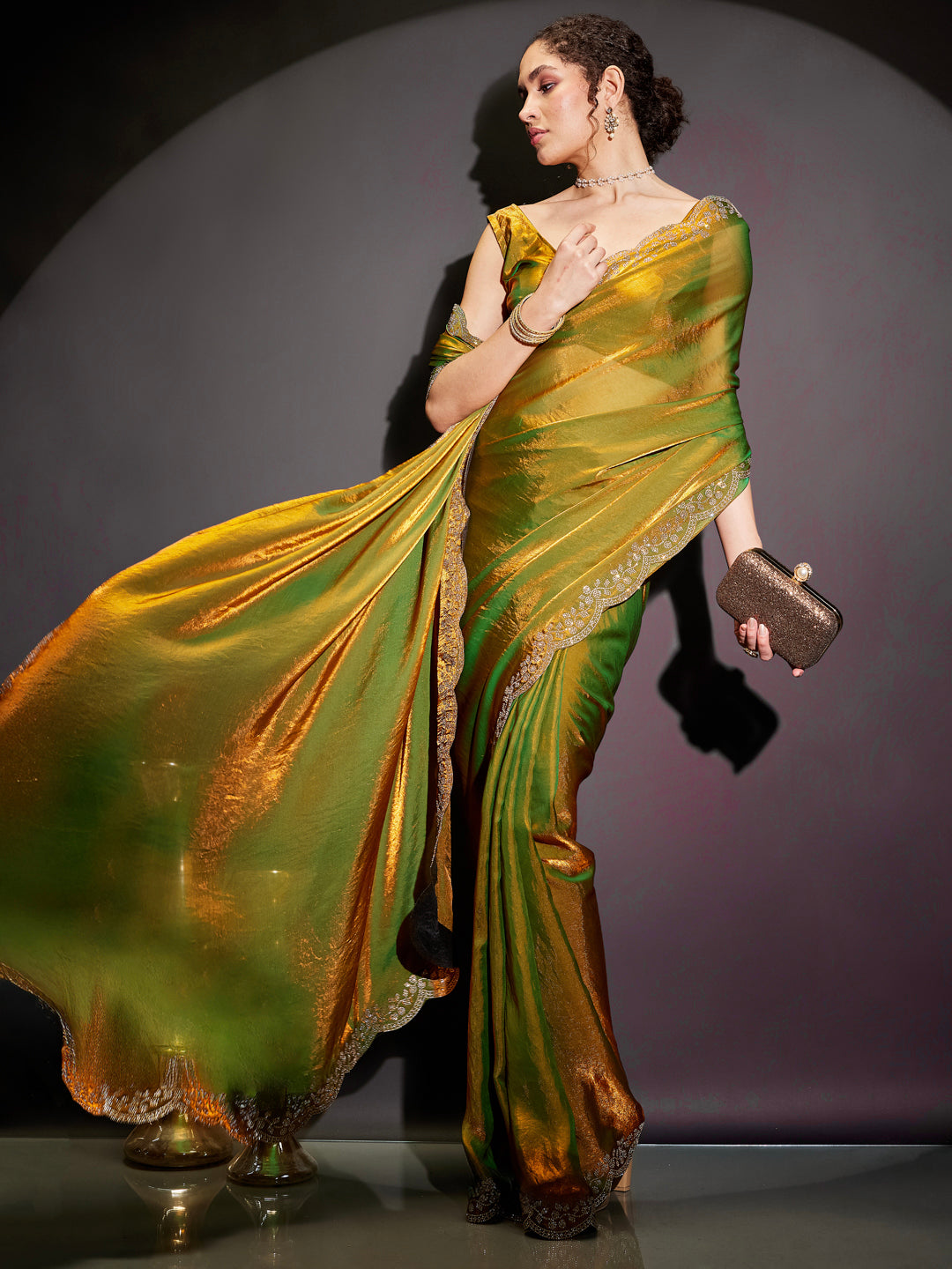 Janasya Women's Green & Gold Tissue Silk Ready To Wear Embellished Saree with Unstitched Blouse
