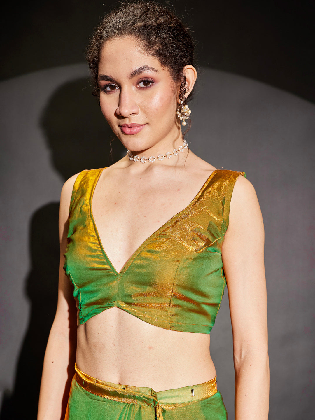 Janasya Women's Green & Gold Tissue Silk Ready To Wear Embellished Saree with Unstitched Blouse