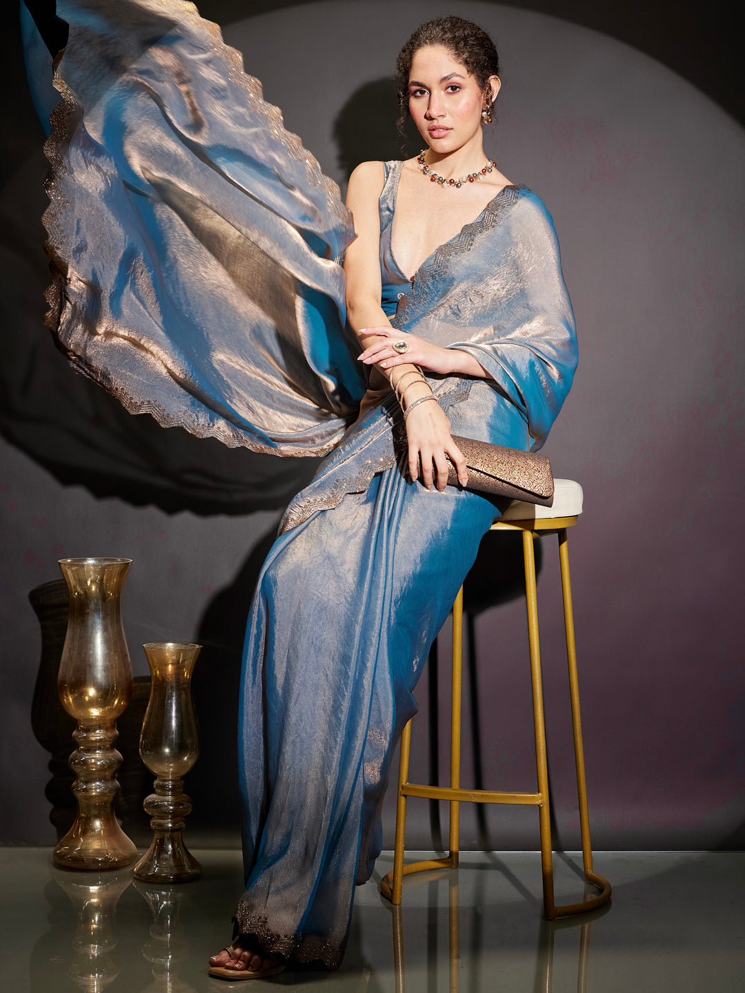 Janasya Women's Blue & Copper Tissue Silk One-Minute Ready-to-Wear Embellished Saree with Unstitched Blouse