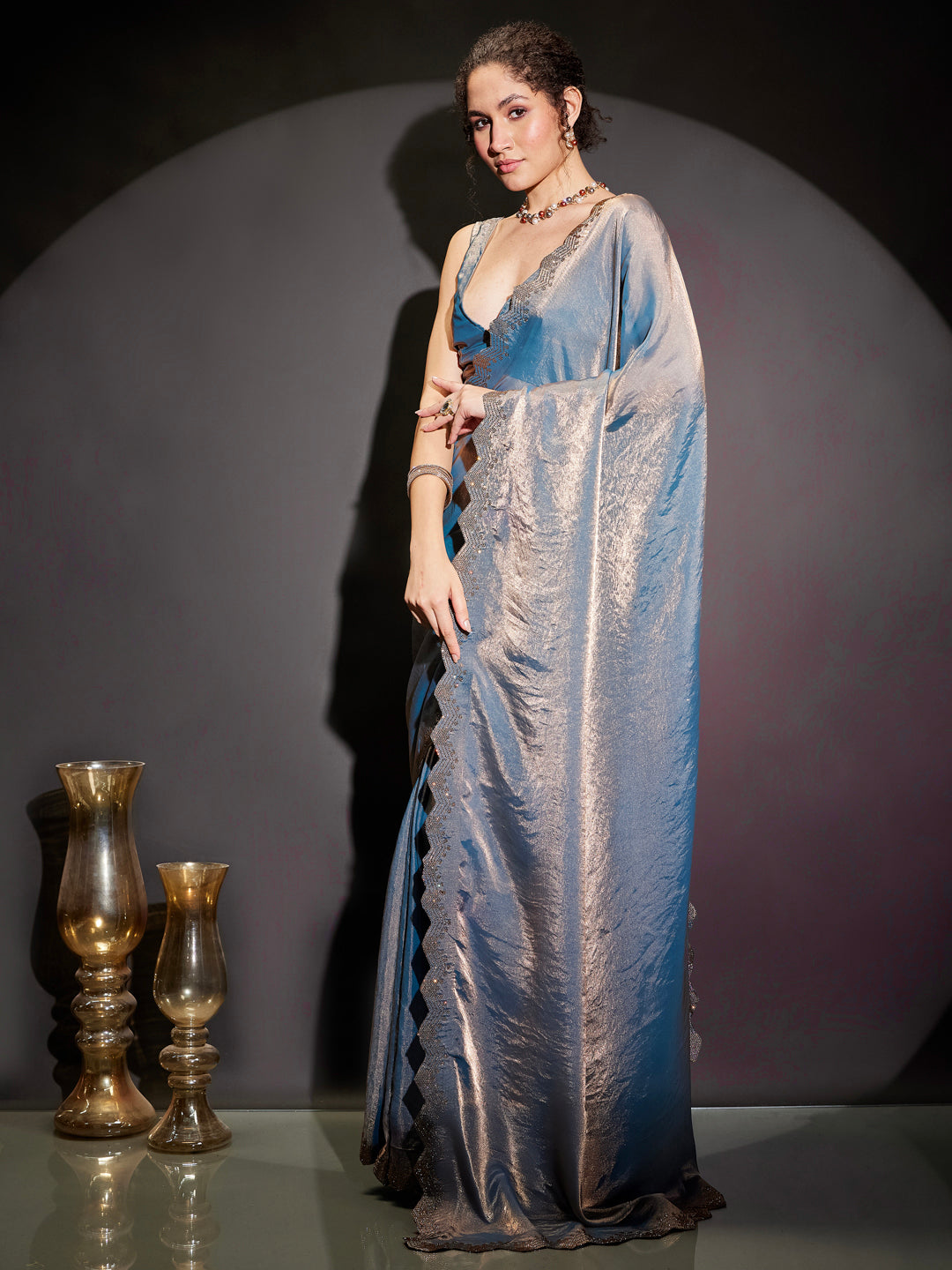 Janasya Women's Blue & Copper Tissue Silk One-Minute Ready-to-Wear Embellished Saree with Unstitched Blouse