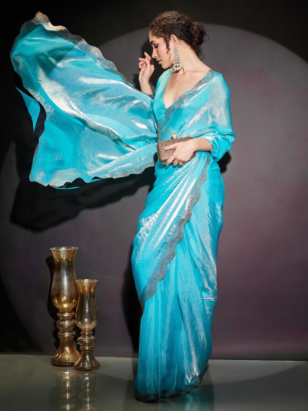 Janasya Women's Light Blue Tissue Silk Ready To Wear Embellished Saree with Unstitched Blouse