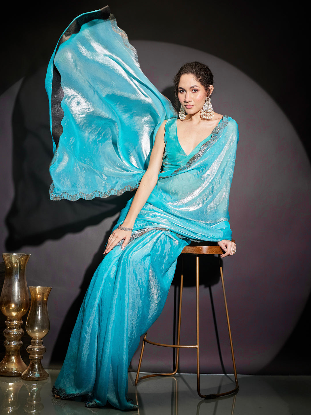 Janasya Women's Light Blue Tissue Silk Ready To Wear Embellished Saree with Unstitched Blouse