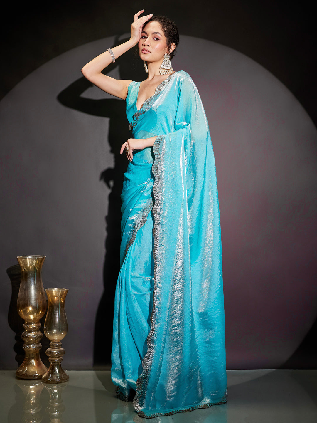 Janasya Women's Light Blue Tissue Silk Ready To Wear Embellished Saree with Unstitched Blouse