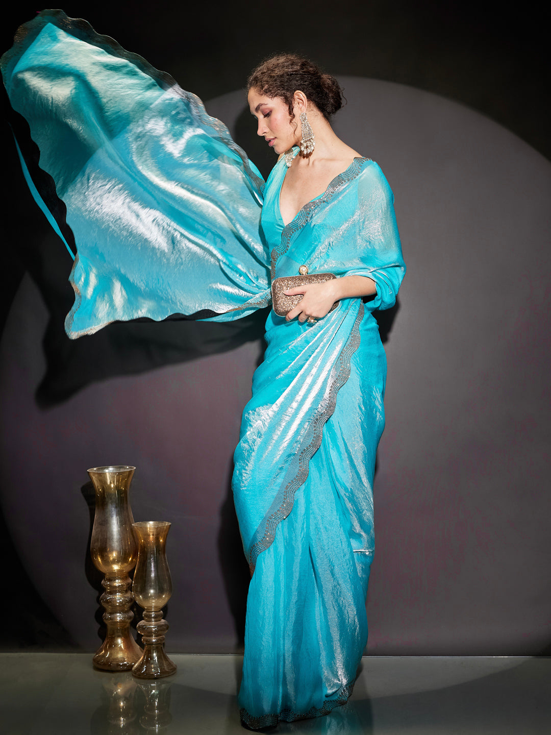 Janasya Women's Light Blue Tissue Silk Ready To Wear Embellished Saree with Unstitched Blouse