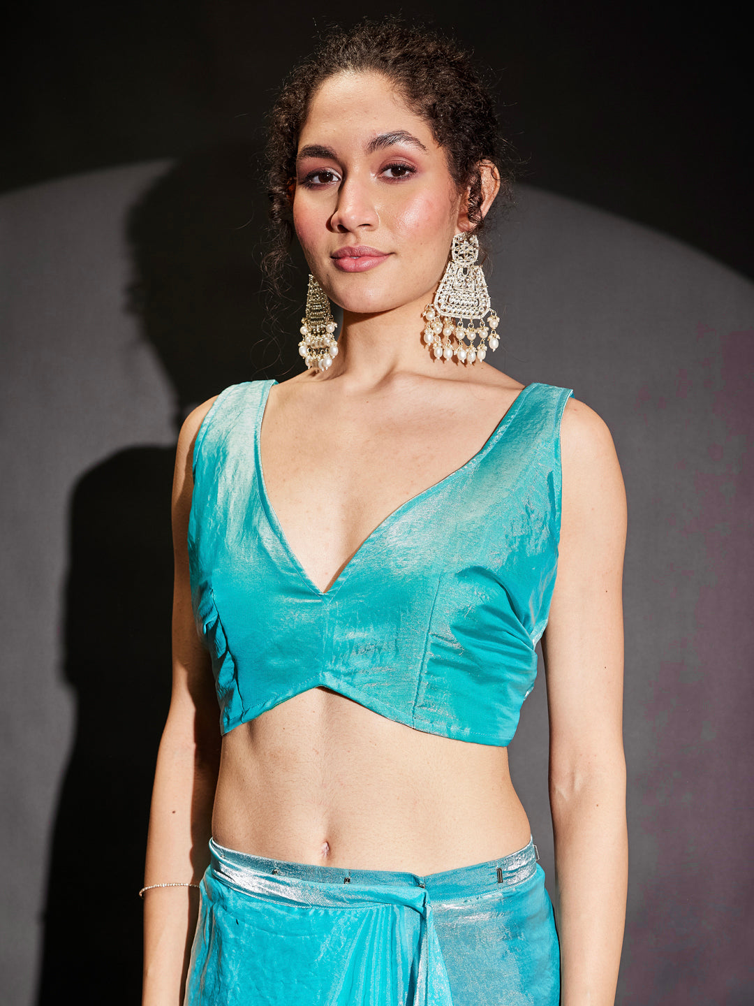 Janasya Women's Light Blue Tissue Silk Ready To Wear Embellished Saree with Unstitched Blouse