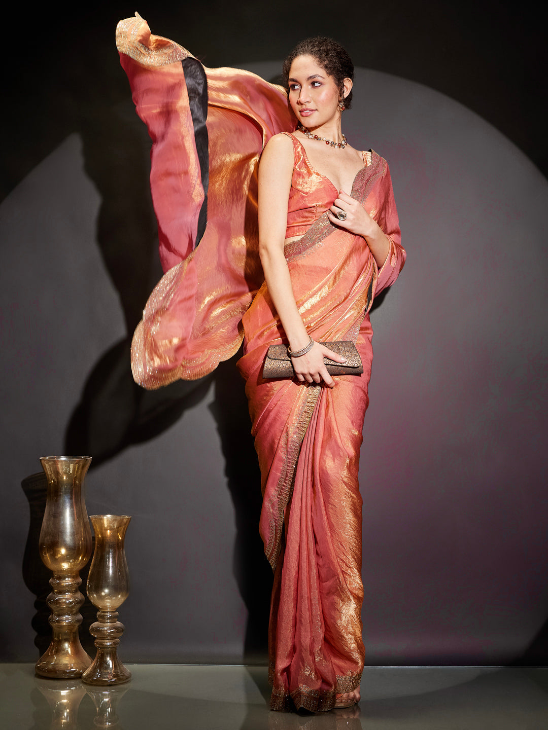 Janasya Women's Peach Tissue Silk Ready To Wear Embellished Saree with Unstitched Blouse