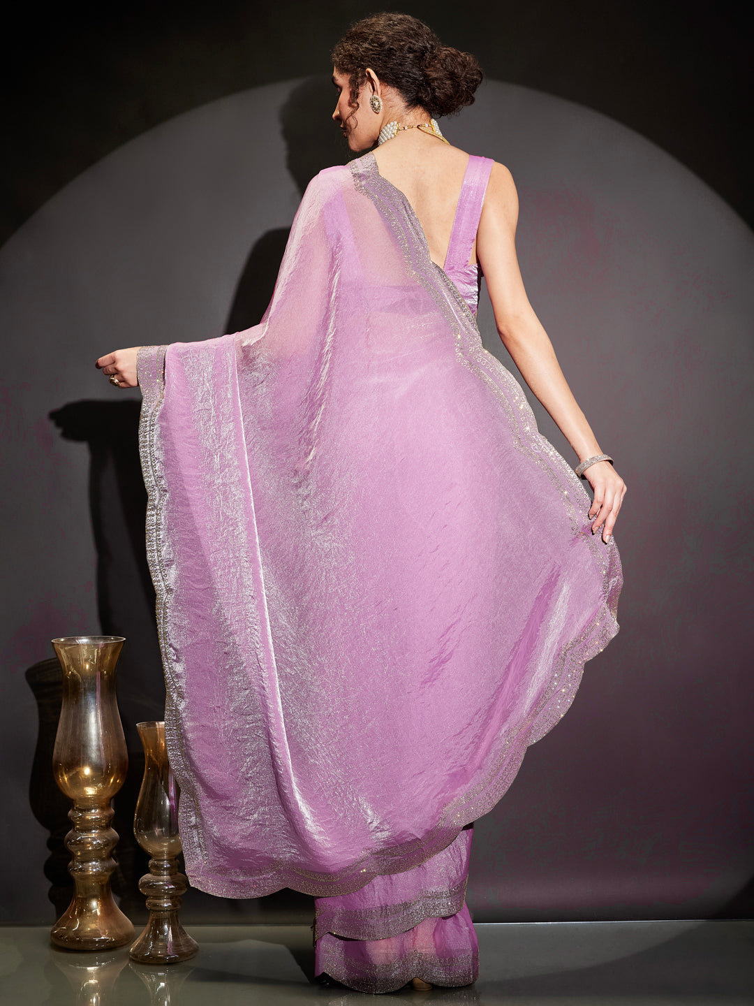 Janasya Women's Lavender Tissue Silk Ready To Wear Embellished Saree with Unstitched Blouse