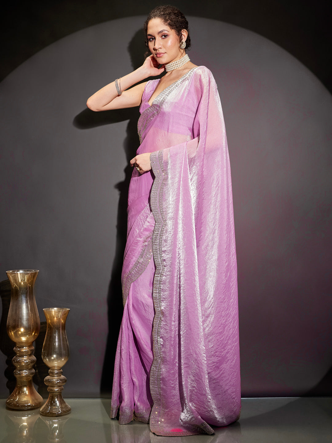 Janasya Women's Lavender Tissue Silk Ready To Wear Embellished Saree with Unstitched Blouse