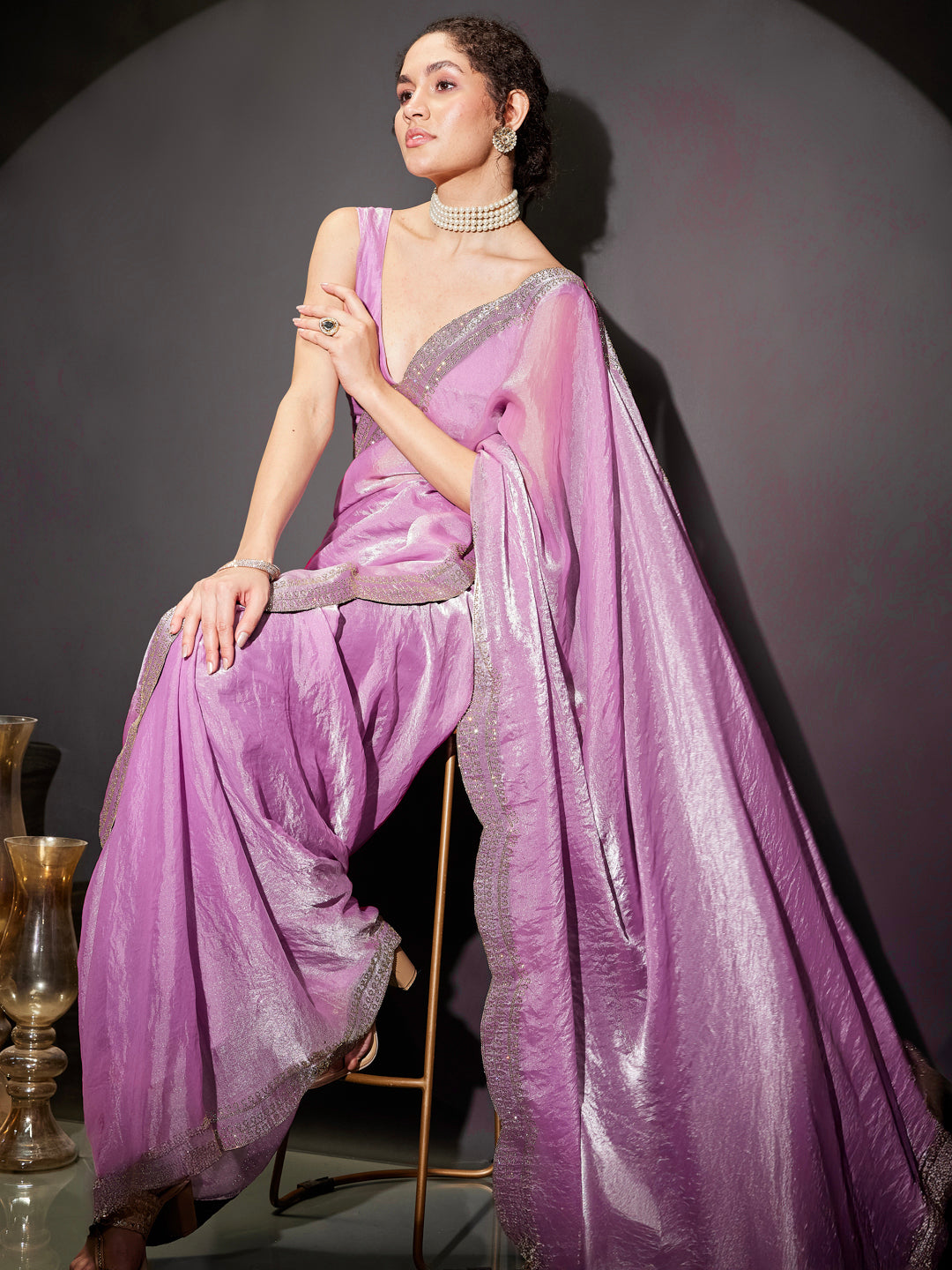 Janasya Women's Lavender Tissue Silk Ready To Wear Embellished Saree with Unstitched Blouse