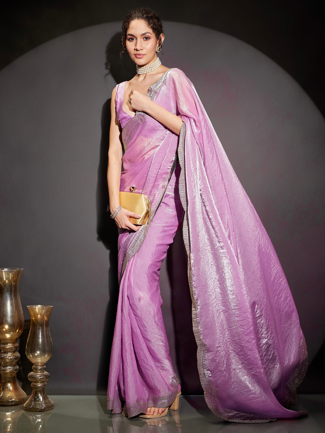 Janasya Women's Lavender Tissue Silk Ready To Wear Embellished Saree with Unstitched Blouse