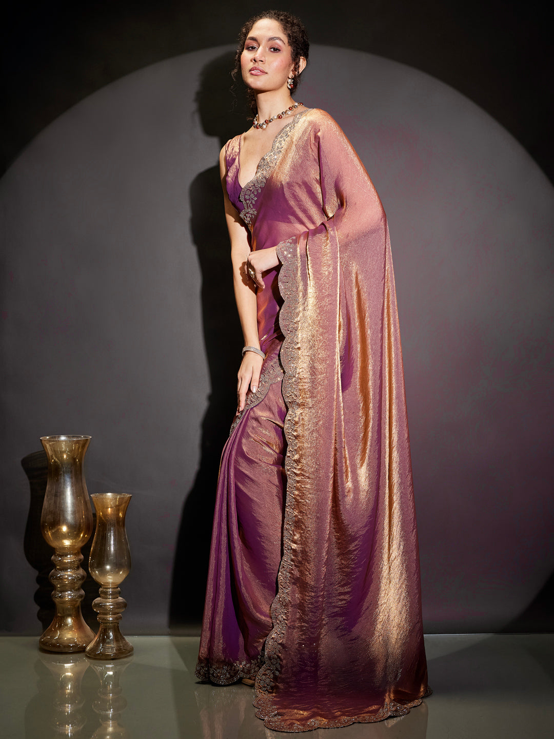 Janasya Women's Purple & Gold Tissue Silk Ready To Wear Embellished Saree with Unstitched Blouse