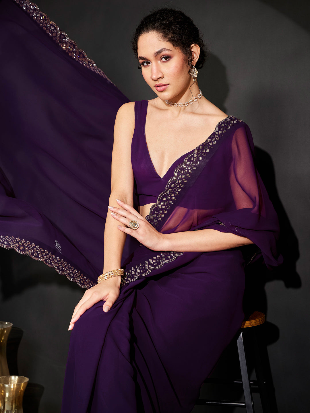 Janasya Women's Purple Georgette One-Minute Ready-to-Wear Embellished Saree with Unstitched Blouse