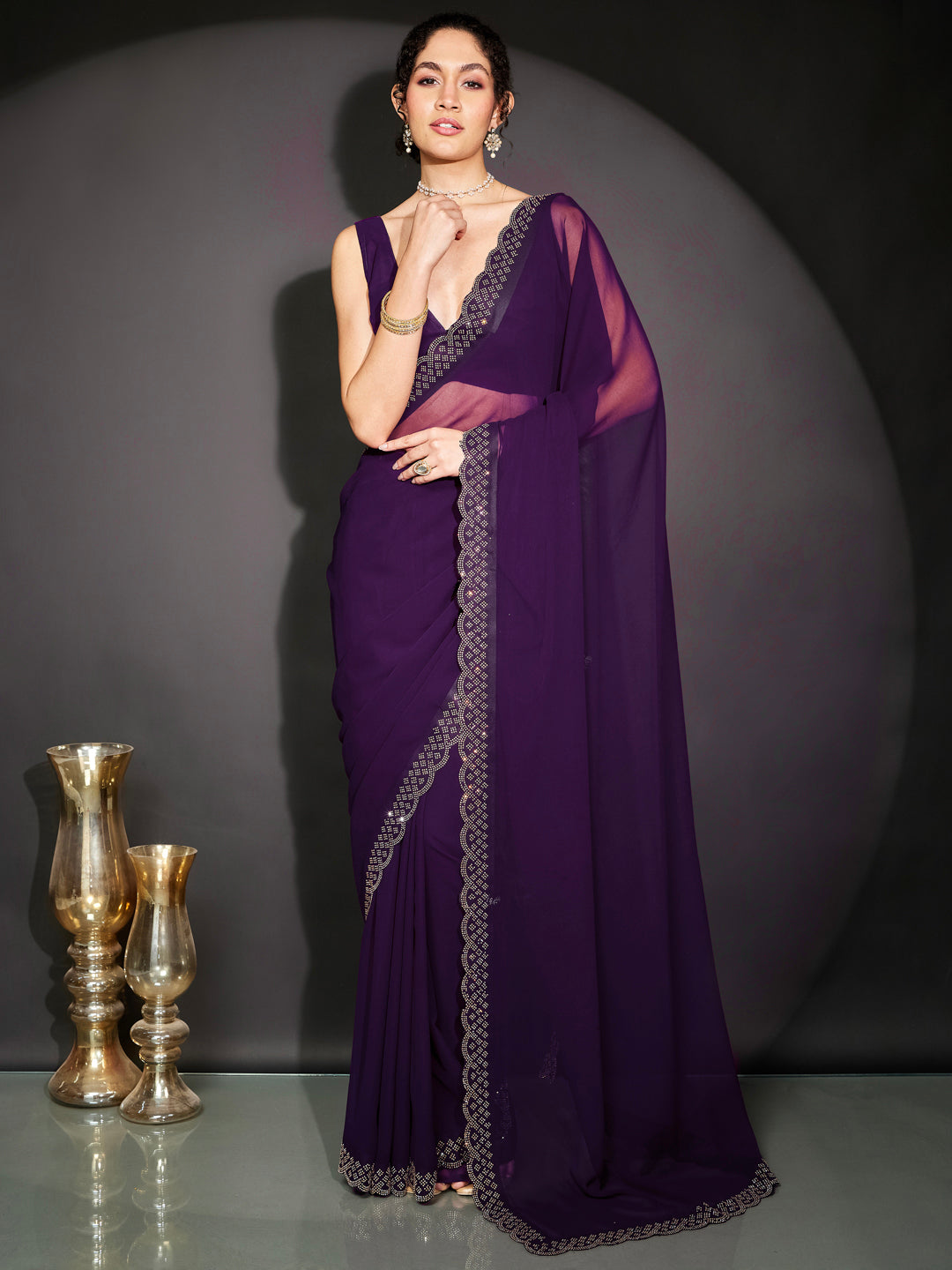 Janasya Women's Purple Georgette One-Minute Ready-to-Wear Embellished Saree with Unstitched Blouse