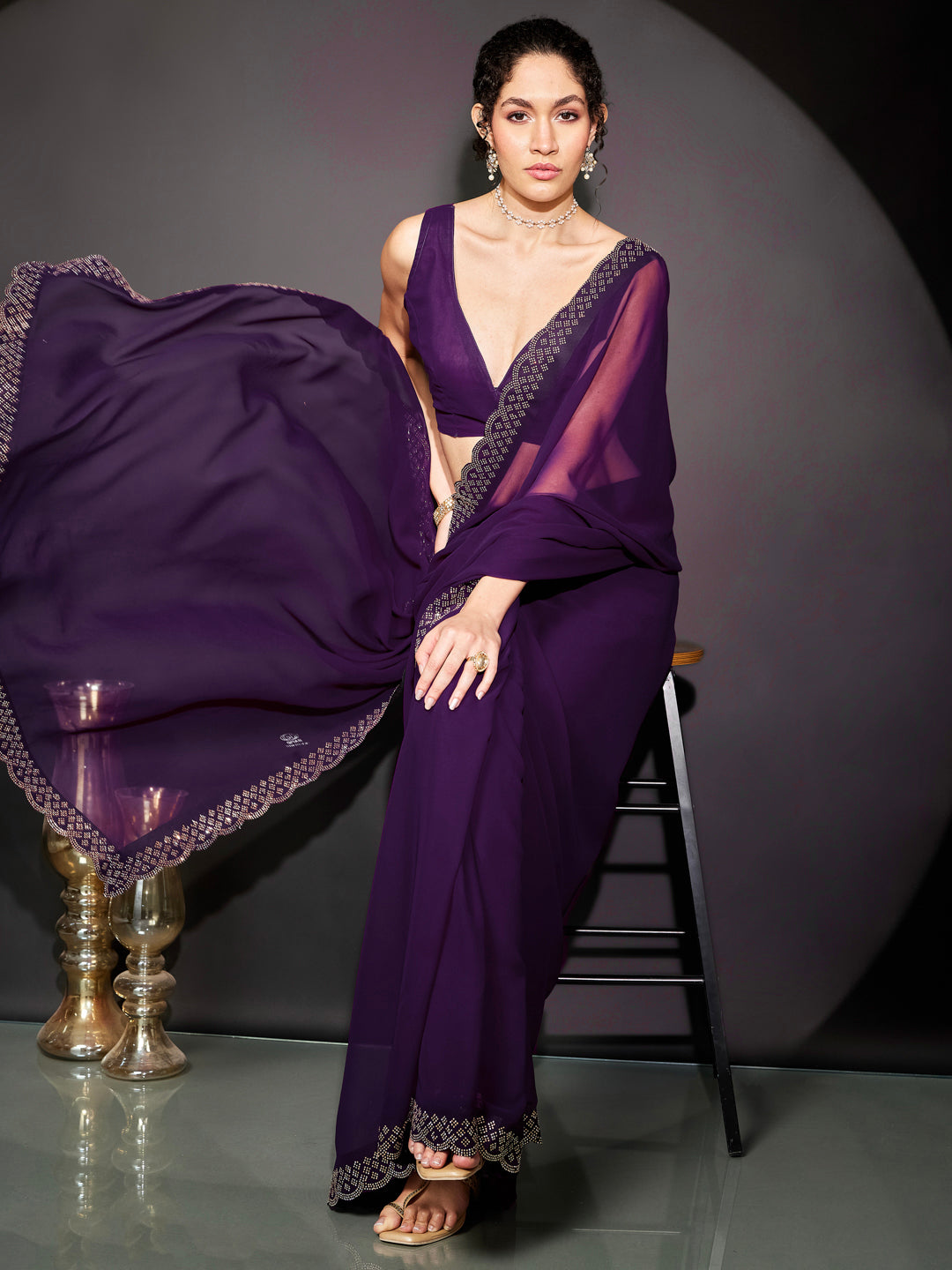 Janasya Women's Purple Georgette One-Minute Ready-to-Wear Embellished Saree with Unstitched Blouse