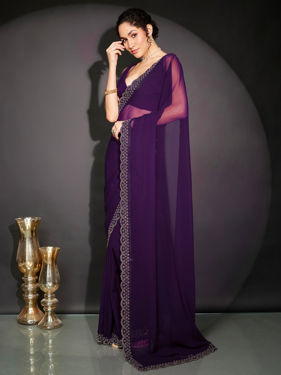 Janasya Women's Purple Georgette One-Minute Ready-to-Wear Embellished Saree with Unstitched Blouse