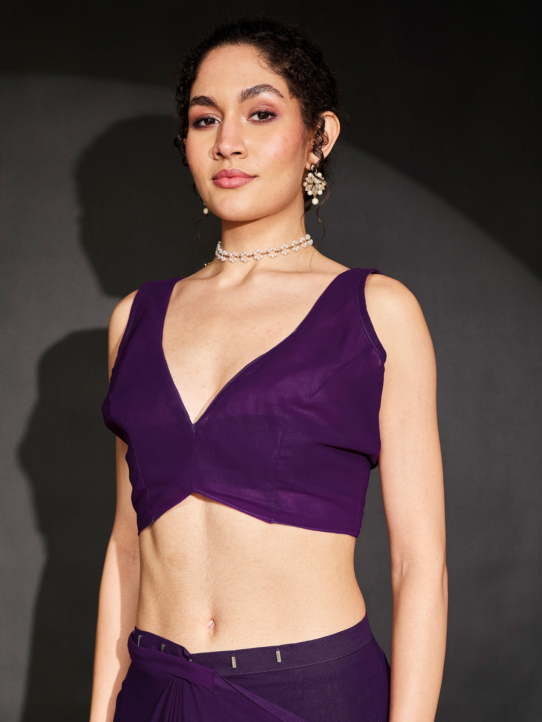 Janasya Women's Purple Georgette One-Minute Ready-to-Wear Embellished Saree with Unstitched Blouse