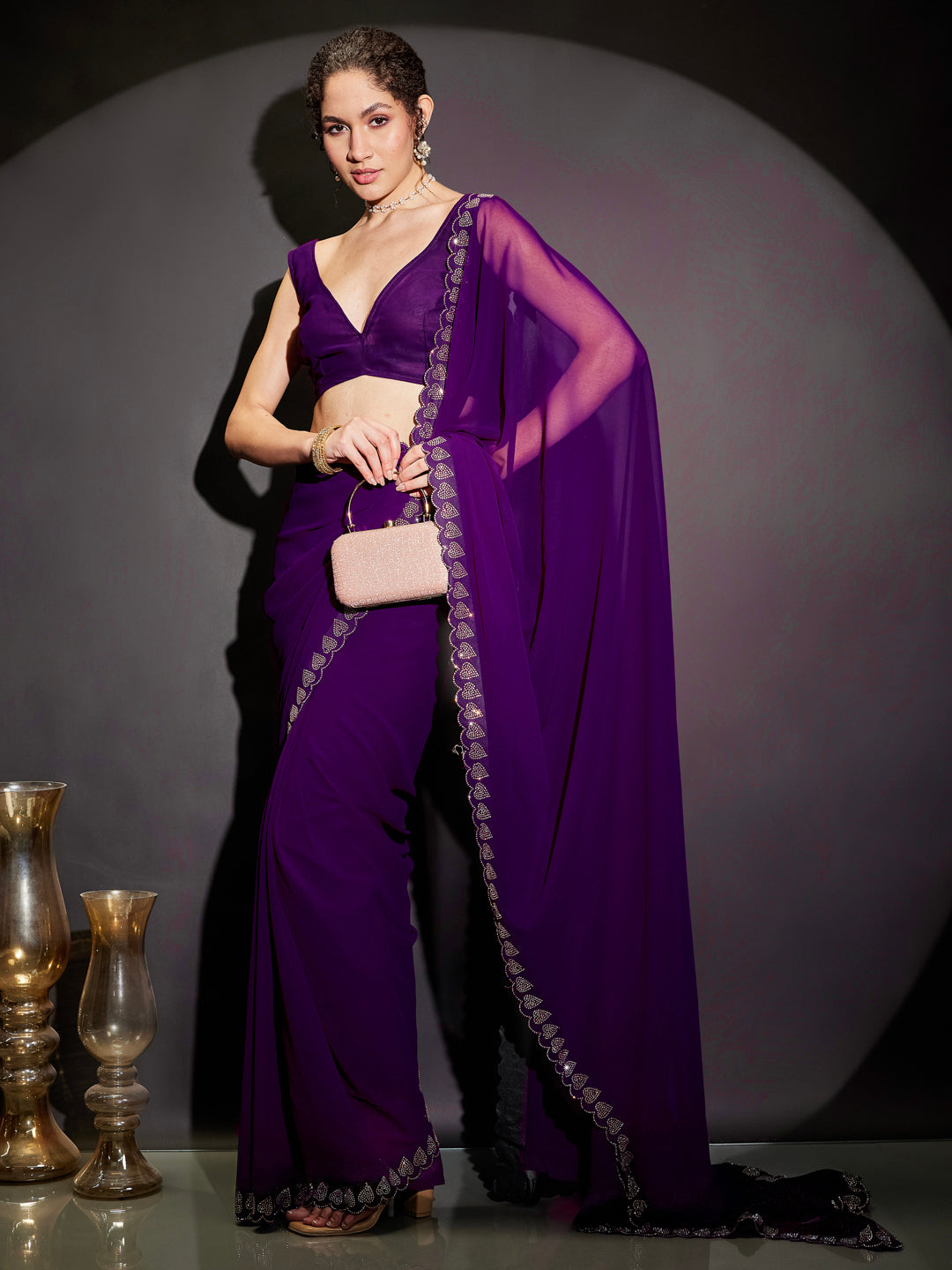 Janasya Women's Purple Georgette One-Minute Ready-to-Wear Embellished Saree with Unstitched Blouse