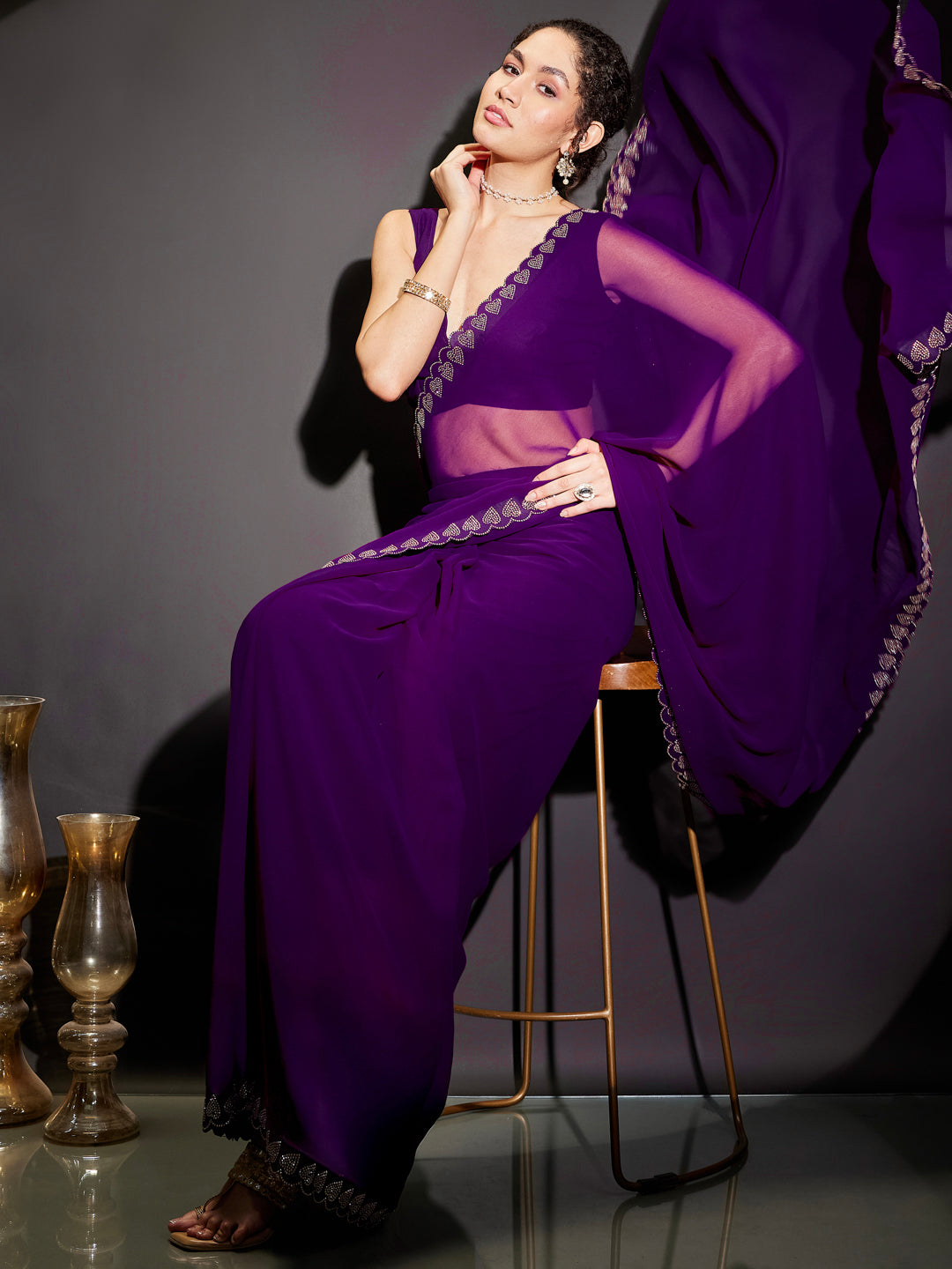 Janasya Women's Purple Georgette One-Minute Ready-to-Wear Embellished Saree with Unstitched Blouse