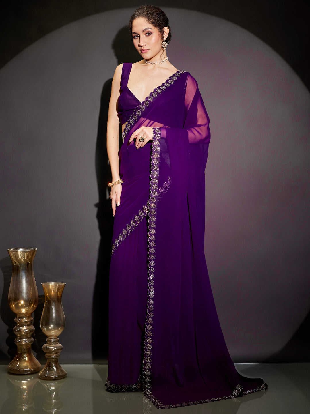 Janasya Women's Purple Georgette One-Minute Ready-to-Wear Embellished Saree with Unstitched Blouse