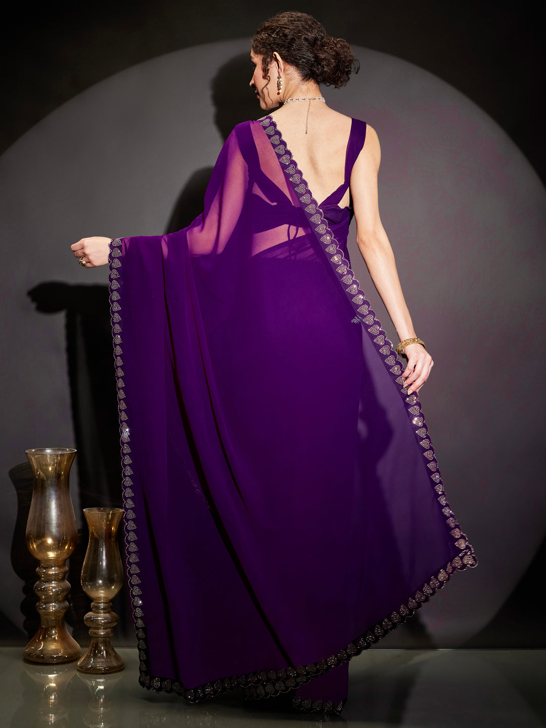 Janasya Women's Purple Georgette One-Minute Ready-to-Wear Embellished Saree with Unstitched Blouse