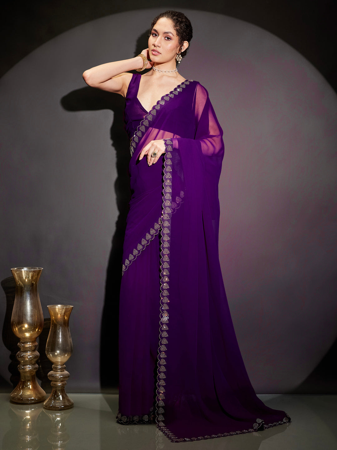 Janasya Women's Purple Georgette One-Minute Ready-to-Wear Embellished Saree with Unstitched Blouse