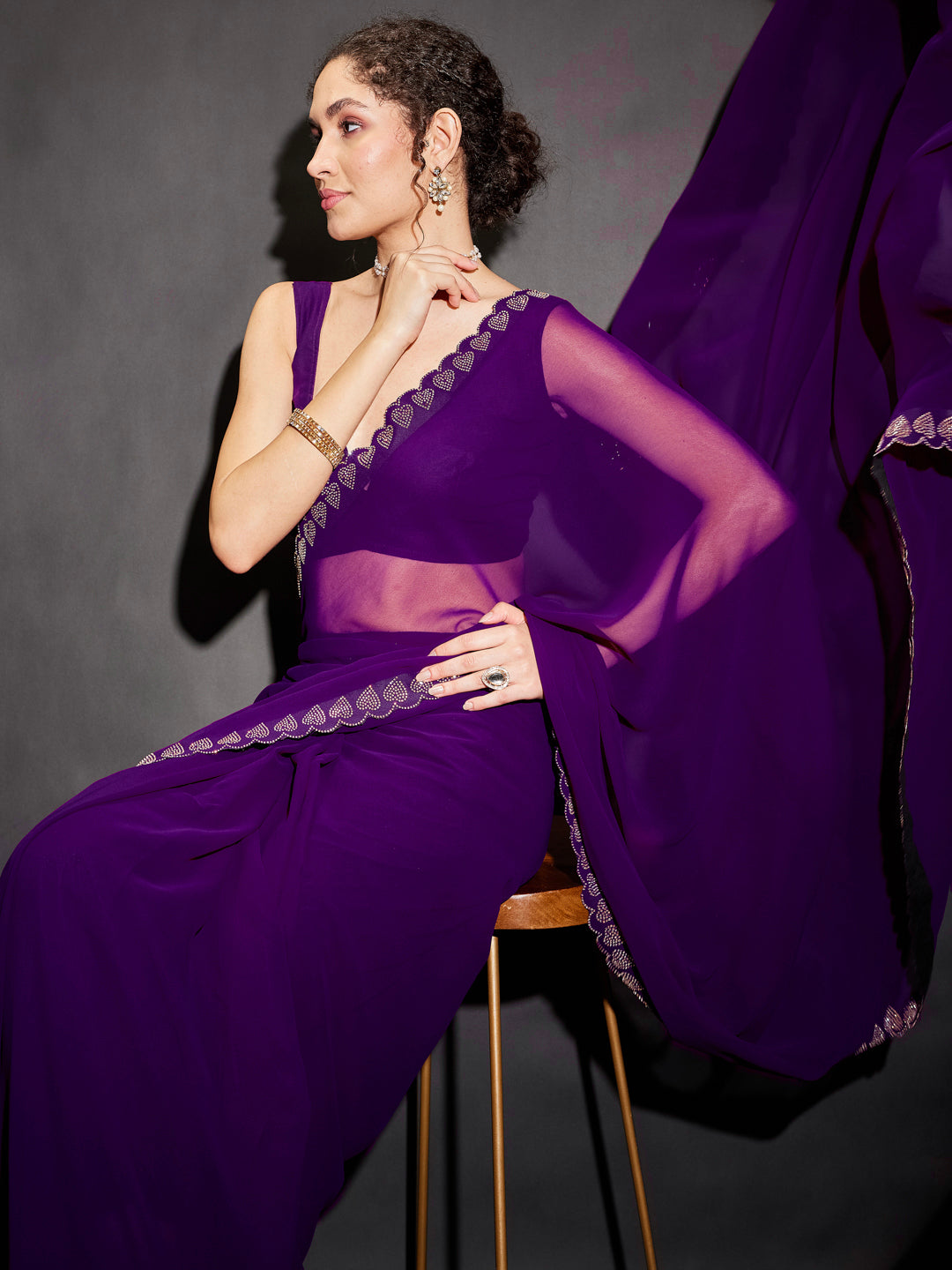 Janasya Women's Purple Georgette One-Minute Ready-to-Wear Embellished Saree with Unstitched Blouse