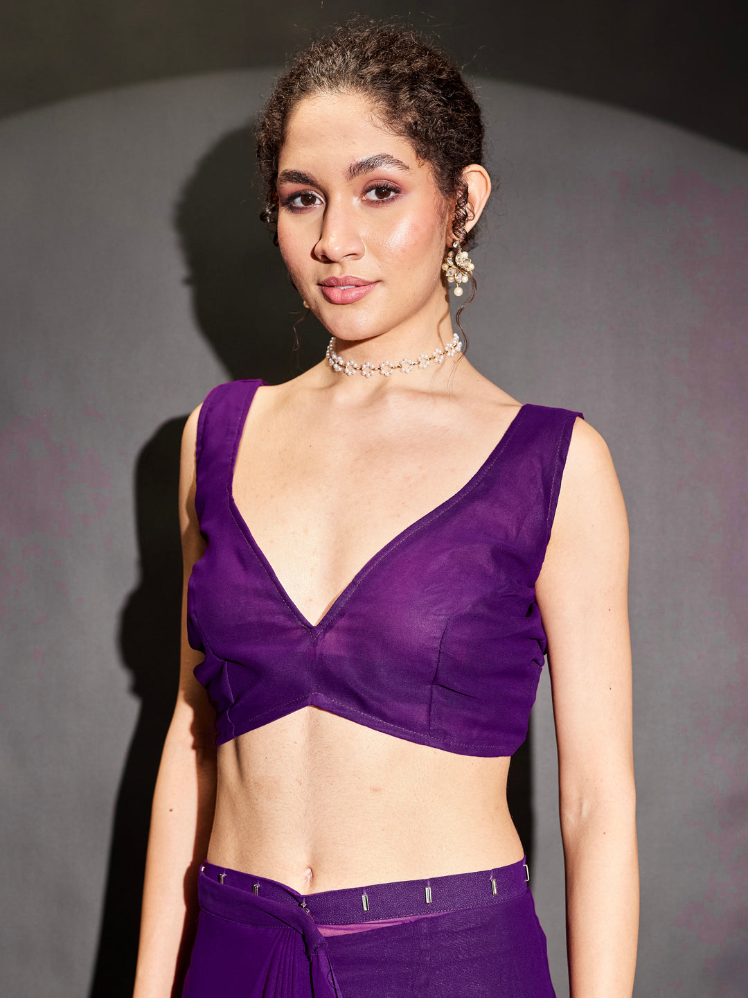 Janasya Women's Purple Georgette One-Minute Ready-to-Wear Embellished Saree with Unstitched Blouse