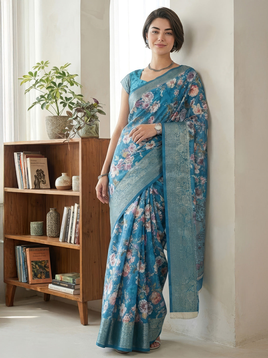 Janasya Women's Royal Blue Silk Blend Ready To Wear Floral Printed Saree With Unstitched Blouse
