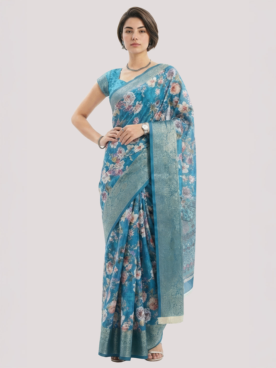 Janasya Women's Royal Blue Silk Blend Ready To Wear Floral Printed Saree With Unstitched Blouse