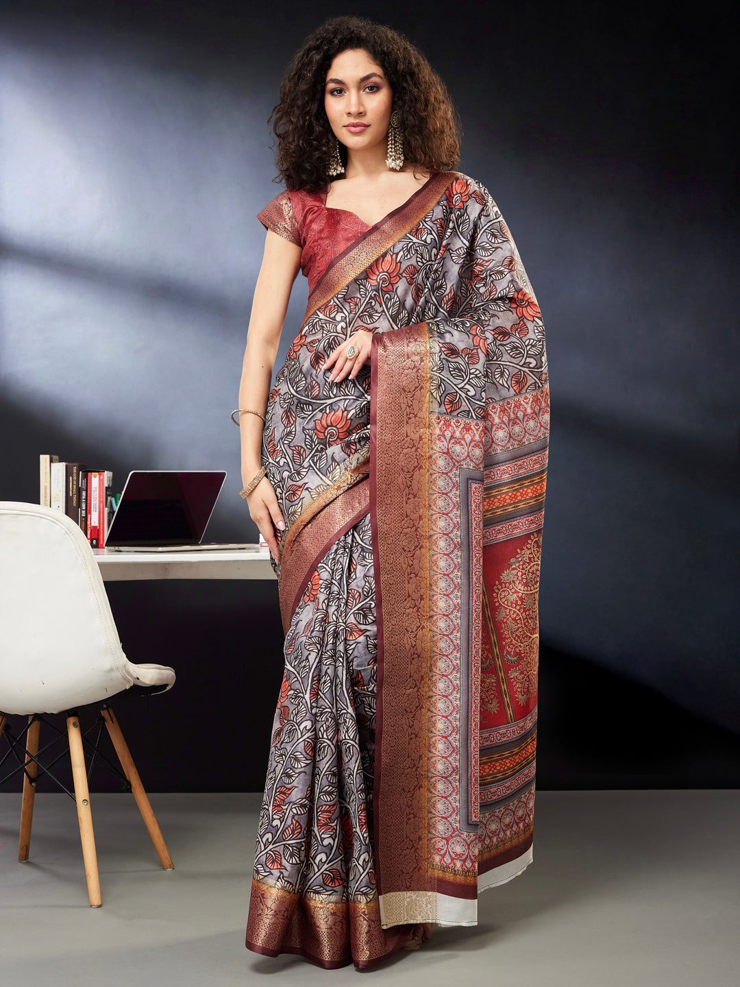 Janasya Women's Grey Silk Blend Ready To Wear Floral Printed Saree With Unstitched Blouse