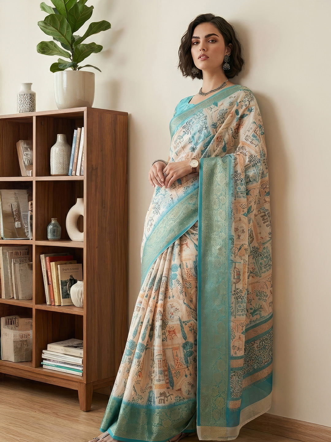 Janasya Women's Cream Silk Blend Ready To Wear Tropical Printed Saree With Unstitched Blouse