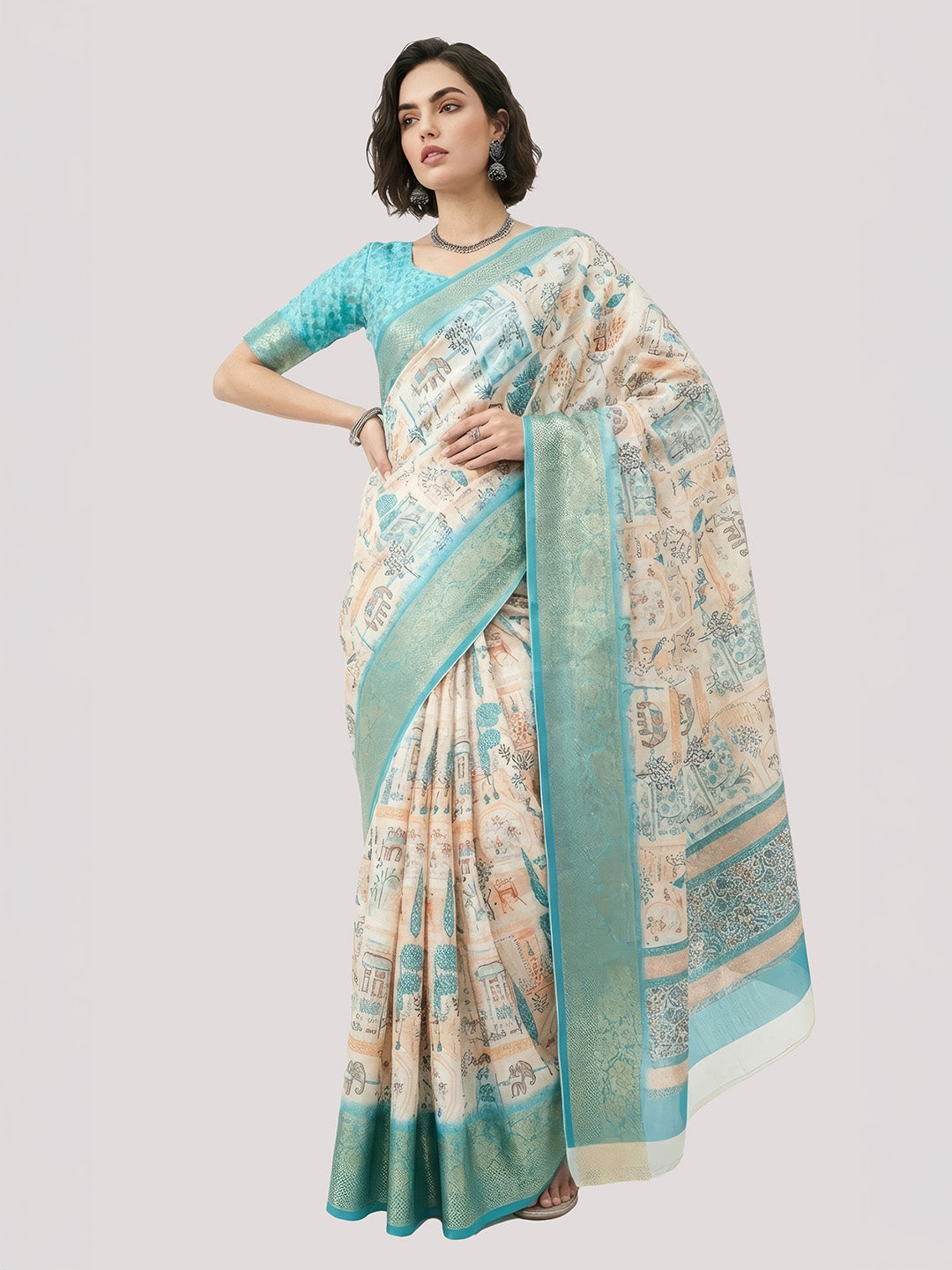 Janasya Women's Cream Silk Blend Ready To Wear Tropical Printed Saree With Unstitched Blouse
