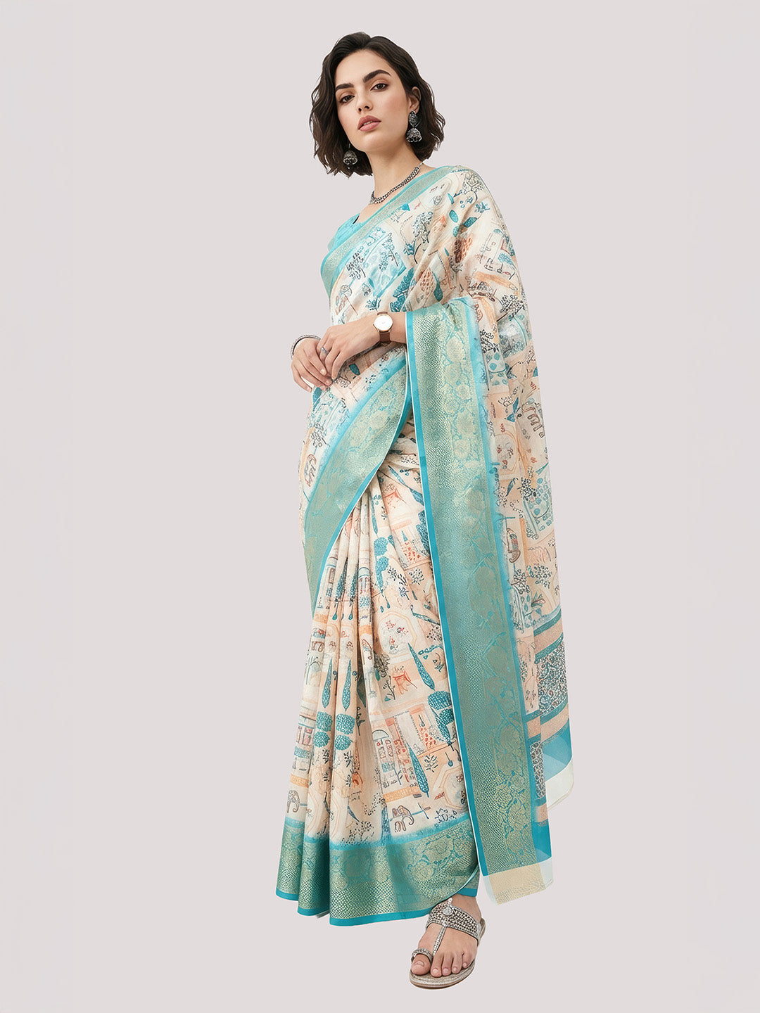 Janasya Women's Cream Silk Blend Ready To Wear Tropical Printed Saree With Unstitched Blouse