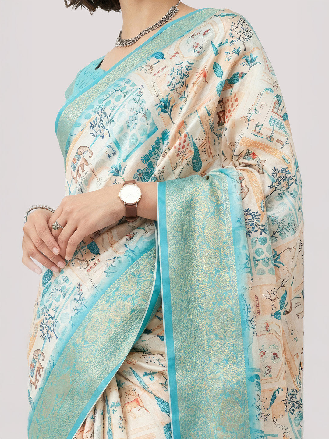 Janasya Women's Cream Silk Blend Ready To Wear Tropical Printed Saree With Unstitched Blouse