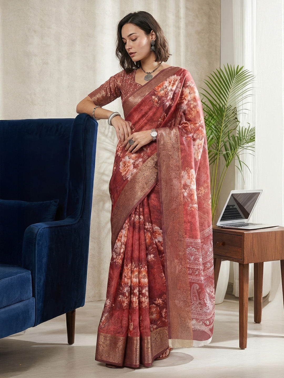 Janasya Women's Maroon Silk Blend Ready To Wear Floral Printed Saree With Unstitched Blouse