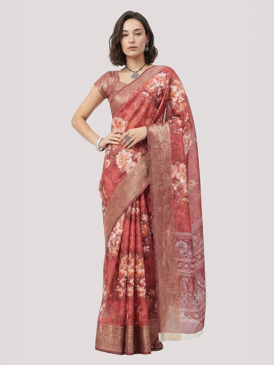 Janasya Women's Maroon Silk Blend Ready To Wear Floral Printed Saree With Unstitched Blouse